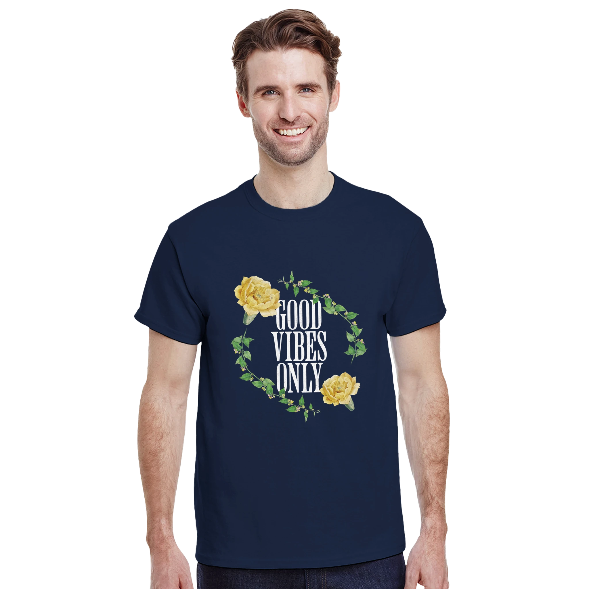 Man wearing navy Good Vibes Only men's graphic tee with yellow flowers in a leafy circle.