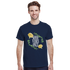 Man wearing navy Good Vibes Only men's graphic tee with yellow flowers in a leafy circle.