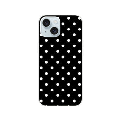 Retro black phone case with white polka dots. Slim matte TPU shell provides drop protection and wireless charging for iPhone 13-16.