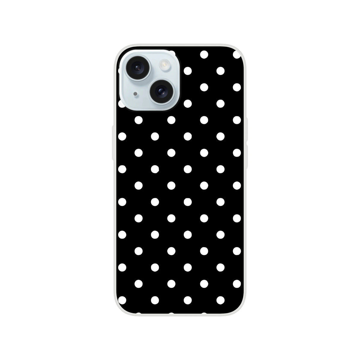 Retro black phone case with white polka dots. Slim matte TPU shell provides drop protection and wireless charging for iPhone 13-16.