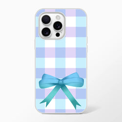 Blue gingham bow iPhone case for iPhone 13–16 with pastel checker pattern.