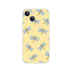 Yellow iPhone case with bold blue dragonfly pattern for iPhone 13-16, slim protective shell.