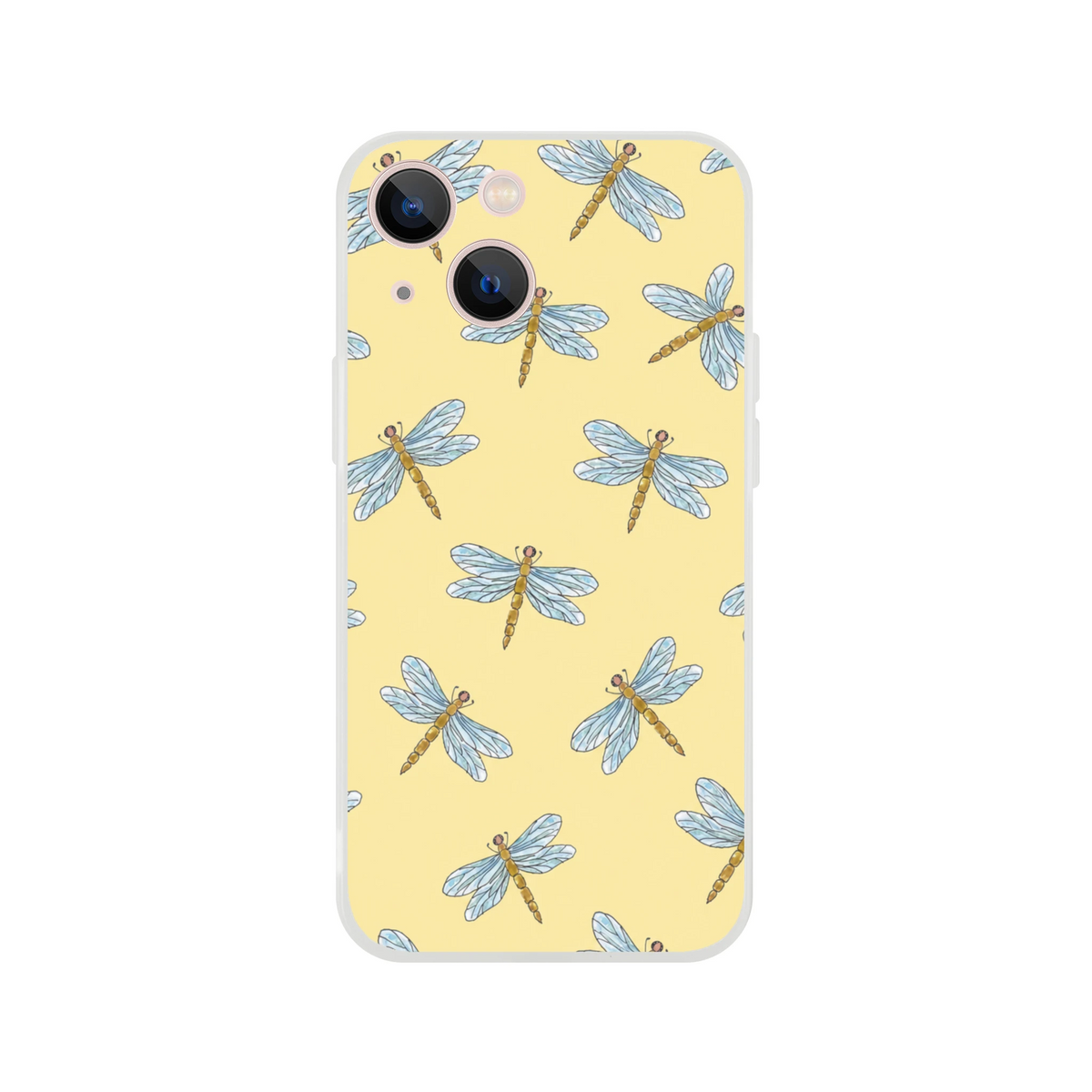 Yellow iPhone case with bold blue dragonfly pattern for iPhone 13-16, slim protective shell.
