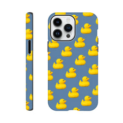 Blue kawaii phone case featuring a repeating pattern of cute yellow rubber ducks. Tough cover for iPhone 13-16.