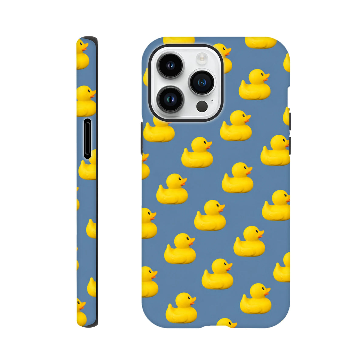 Blue kawaii phone case featuring a repeating pattern of cute yellow rubber ducks. Tough cover for iPhone 13-16.