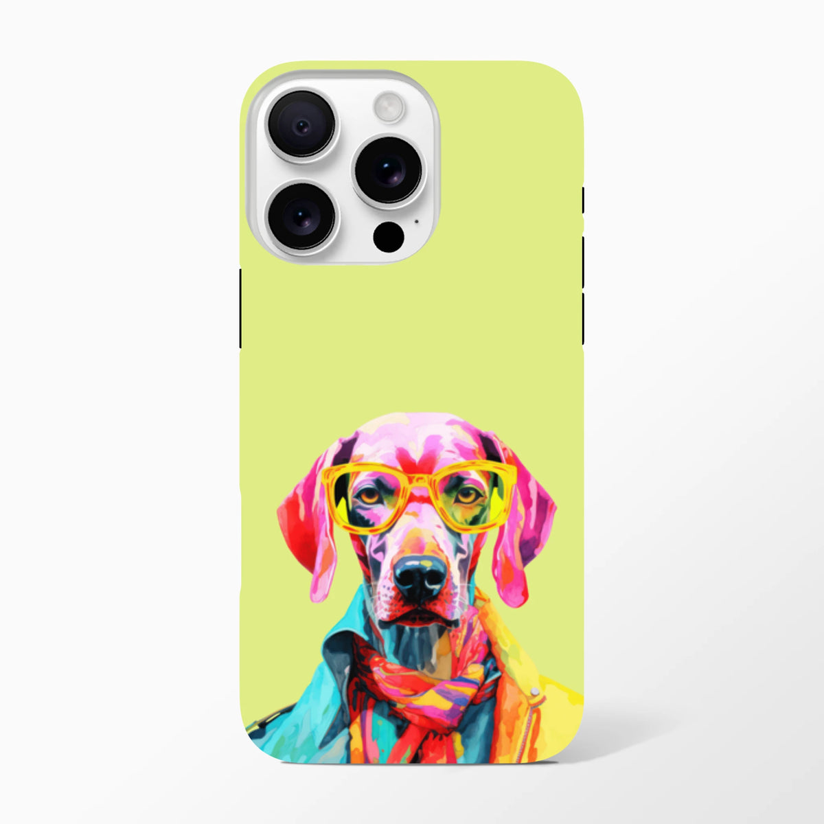 Vibrant pop art dog wearing yellow glasses and colorful attire on a bright lime green tough iPhone case.