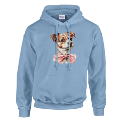 Light blue women's graphic hoodie in soft cotton blend with a cute dog wearing a pink bow tie.