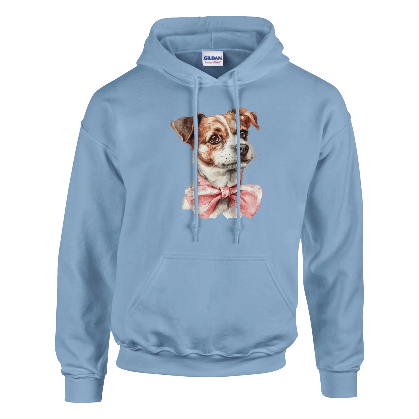 Light blue women's graphic hoodie in soft cotton blend with a cute dog wearing a pink bow tie.