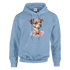 Light blue women's graphic hoodie in soft cotton blend with a cute dog wearing a pink bow tie.