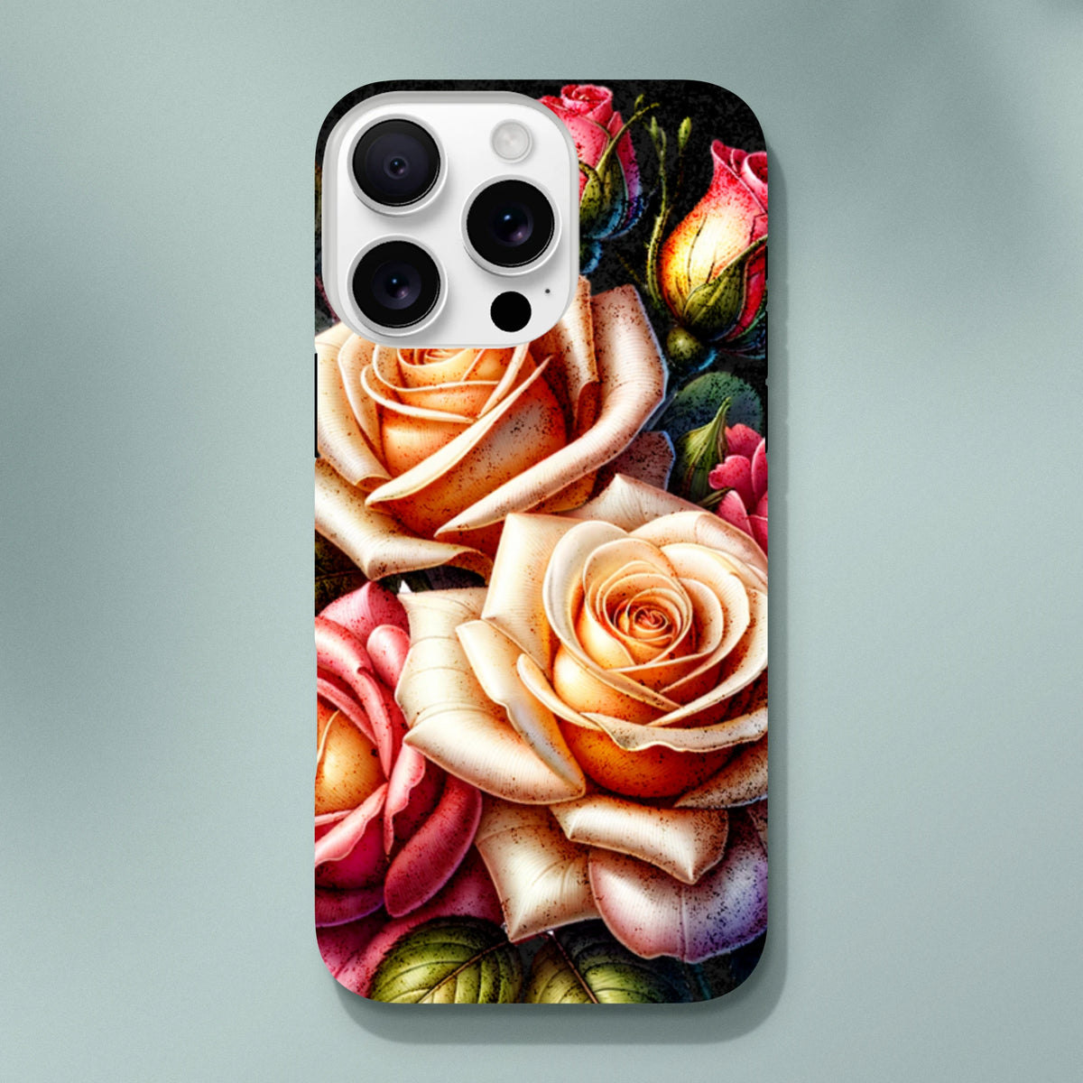 Romantic floral iPhone case with peach and pink rose botanical art, featuring protective reinforcement for daily drops.