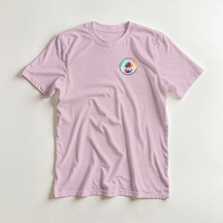 Pink women's graphic tee featuring a colorful retro circular Urban Palm Trees logo on the chest.