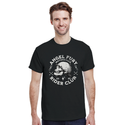 Black men's graphic tee featuring a vintage Angel Fury Motorcycle Rider Club skull design with distressed typography.
