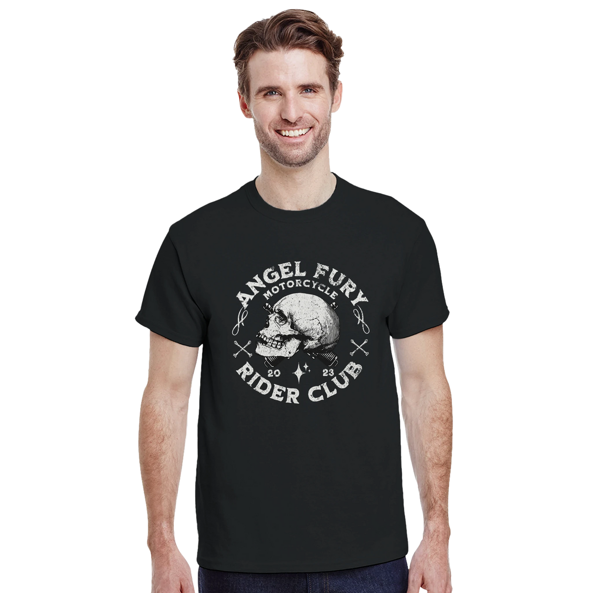 Black men's graphic tee featuring a vintage Angel Fury Motorcycle Rider Club skull design with distressed typography.