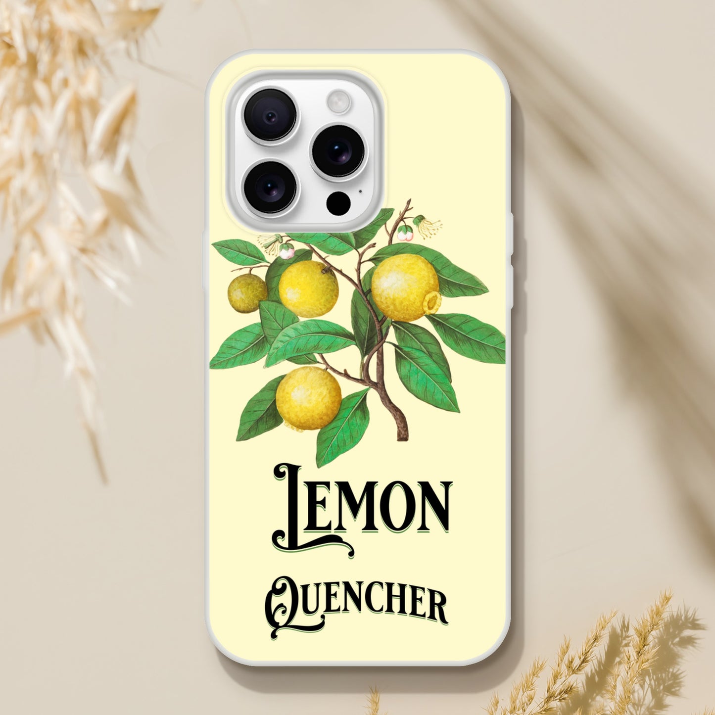 iPhone case with lemon design and 'Lemon Quencher' text on a light yellow background 17