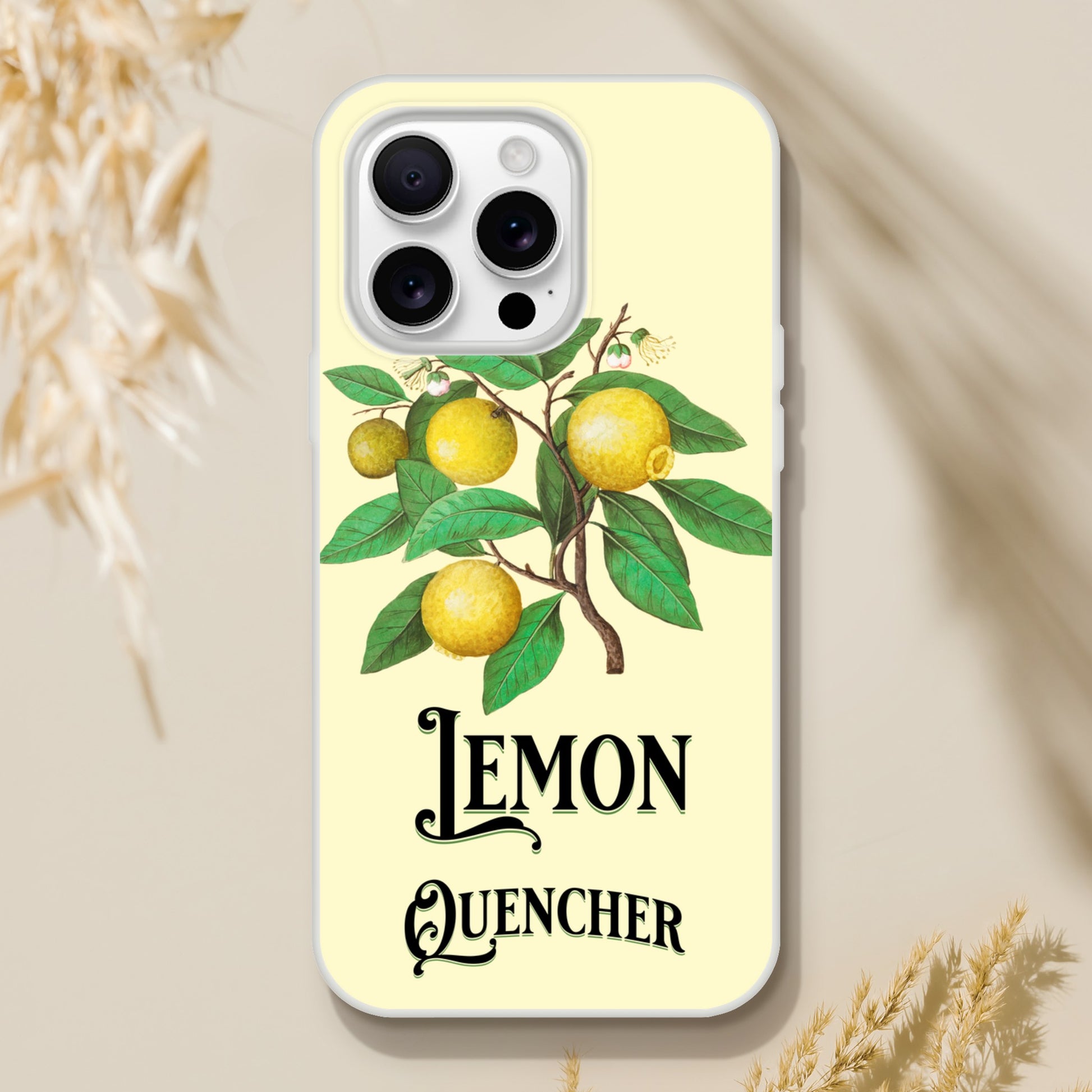iPhone case with lemon design and 'Lemon Quencher' text on a light yellow background 17