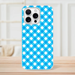 Blue Gingham iPhone Case (13-16) with a preppy checkered aesthetic; blue and white gingham pattern.