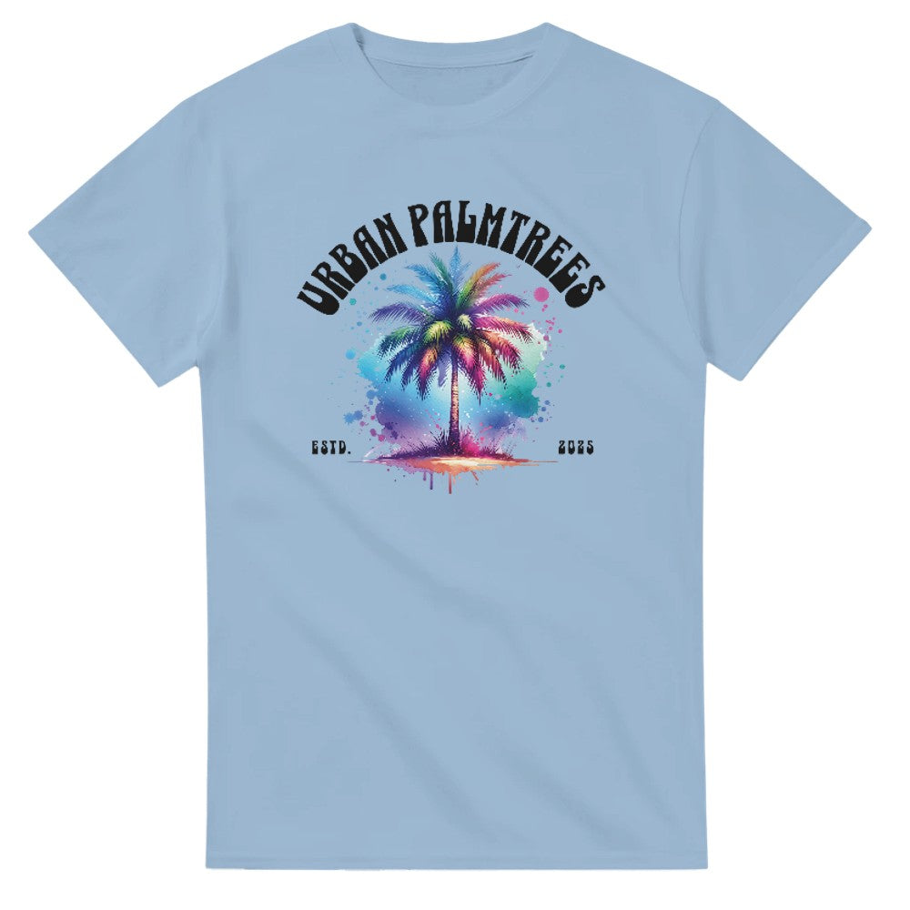 Light blue women's graphic tee with watercolor palm tree and Urban Palmtrees logo.