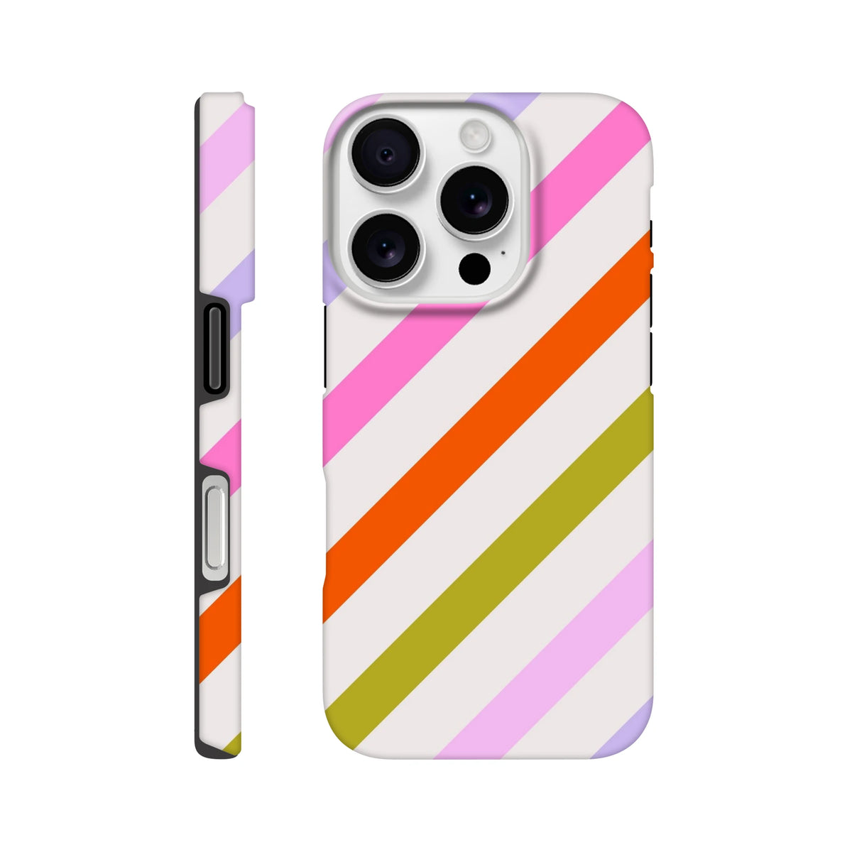 Retro colourful diagonal stripe tough iPhone case with shock absorbing TPU protection for models 13 to 16.