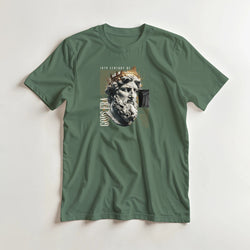 Gothic Gods men's graphic T-shirt with ancient bust design on green cotton-blend fabric.