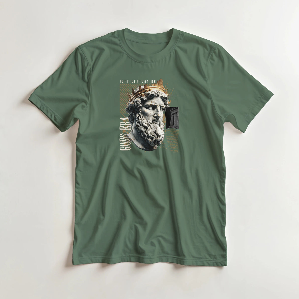 Gothic Gods men's graphic T-shirt with ancient bust design on green cotton-blend fabric.
