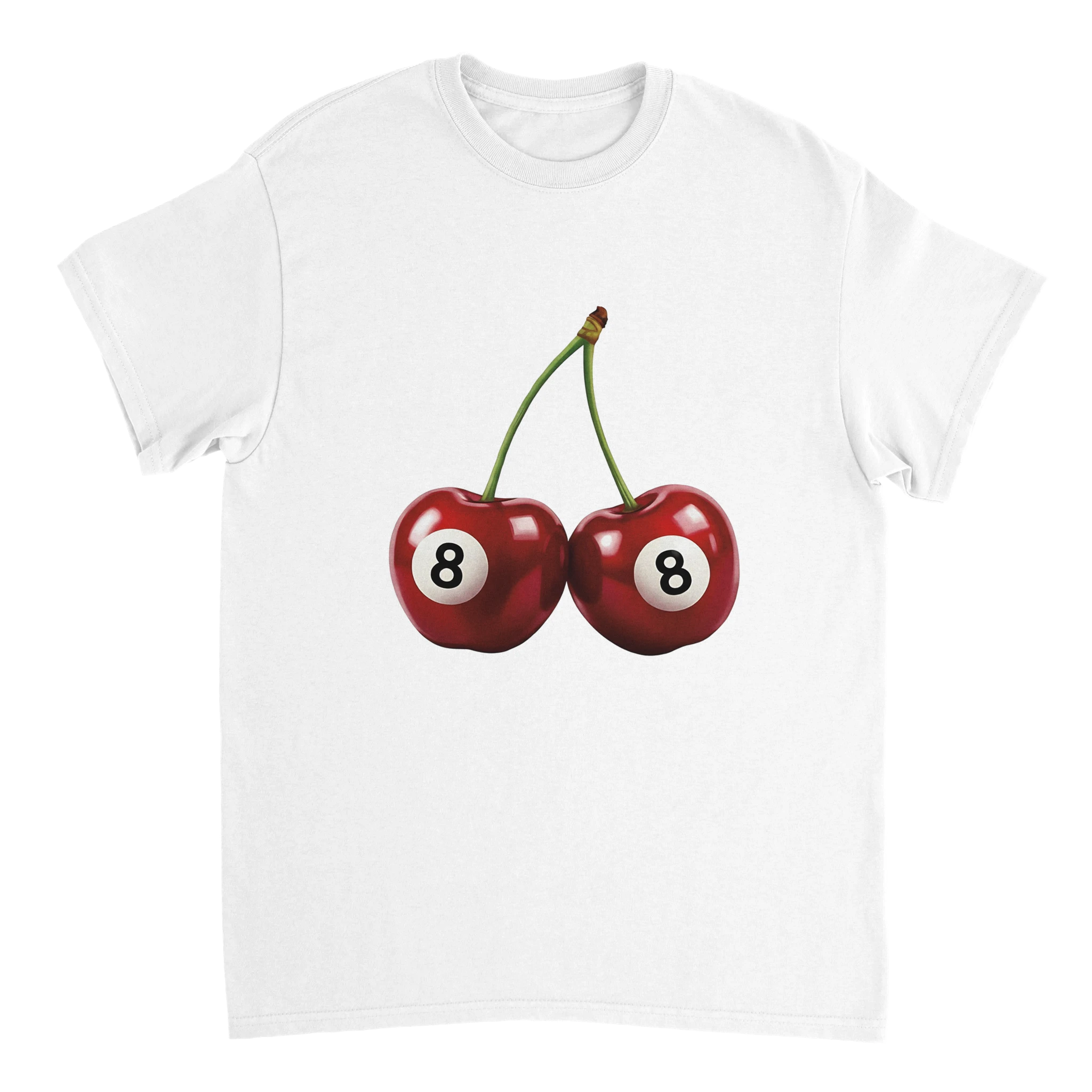 Lucky Cherries women's graphic tee with two cherries featuring 8-ball faces on a white cotton shirt