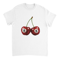 Lucky Cherries women's graphic tee with two cherries featuring 8-ball faces on a white cotton shirt