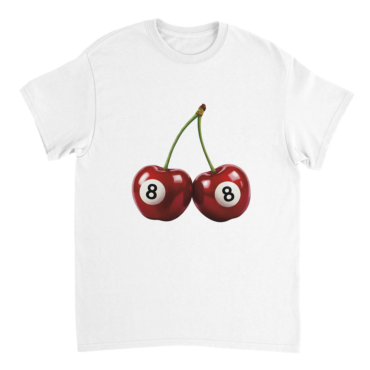Lucky Cherries women's graphic tee with two cherries featuring 8-ball faces on a white cotton shirt