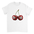Lucky Cherries women's graphic tee with two cherries featuring 8-ball faces on a white cotton shirt