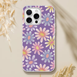 Retro pastel daisy iPhone case for 13-16 with purple floral print and matte slim finish.