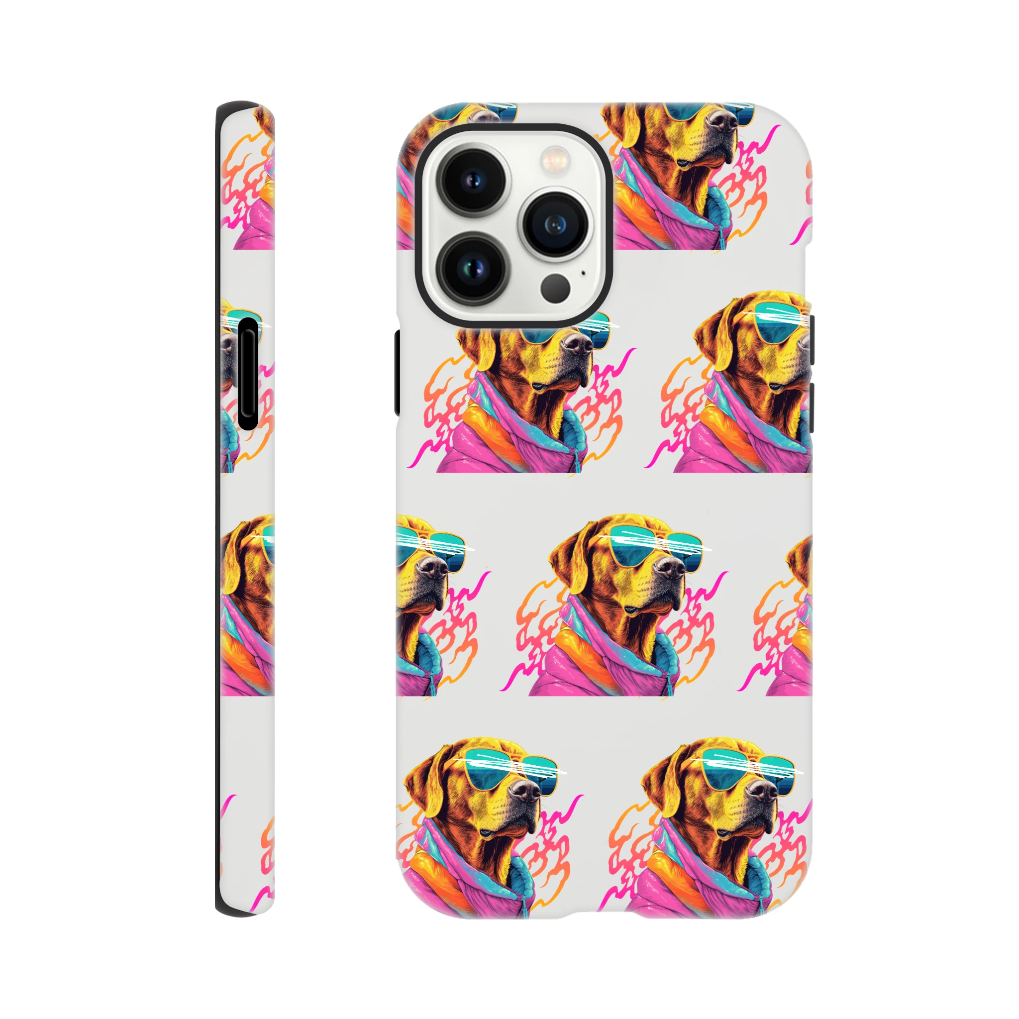 Cool dog phone case with neon sunglasses wraparound print for iPhone 16-13; dual-layer protection, glossy finish