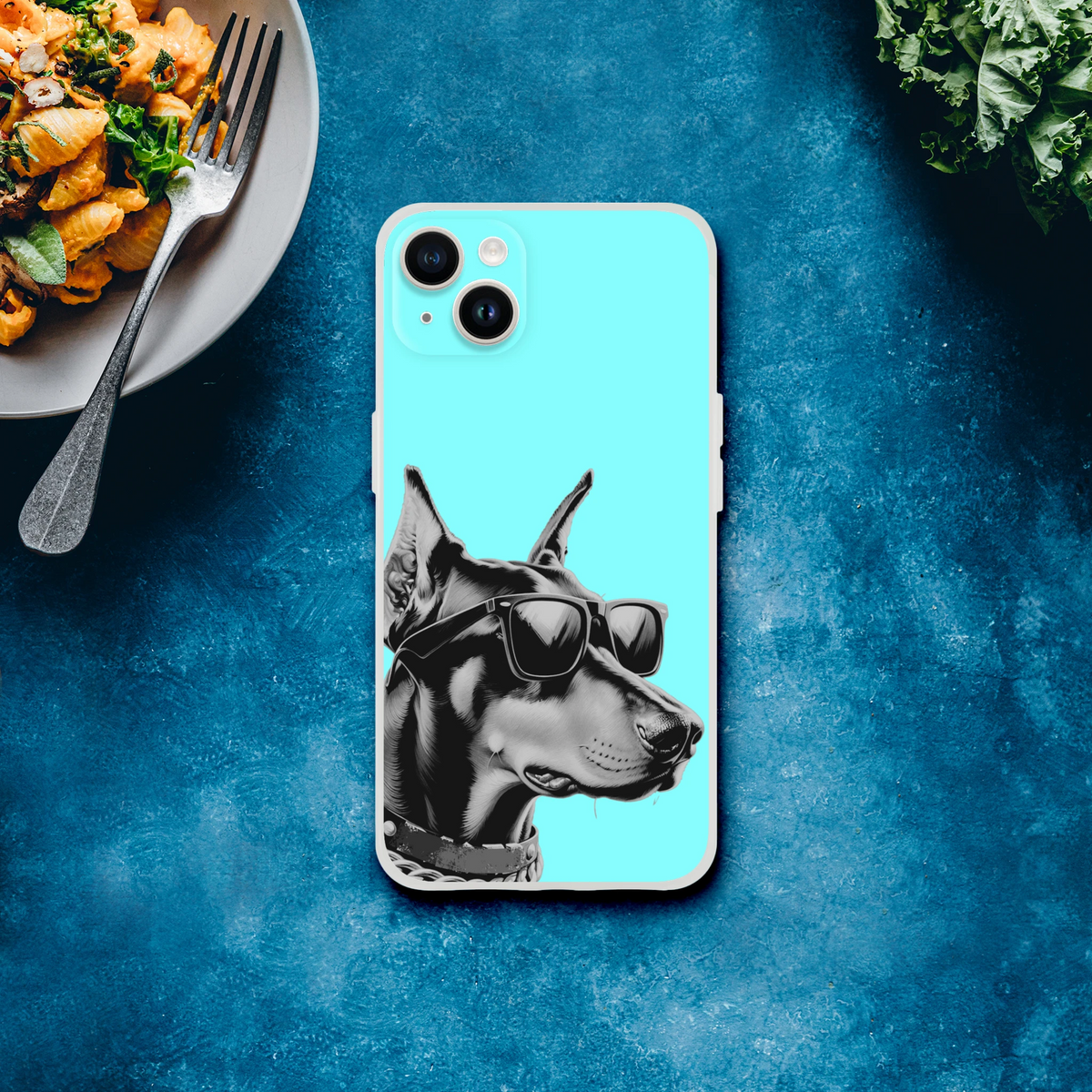 Blue iPhone case for 13-16 with a black-and-white bulldog wearing sunglasses graphic.