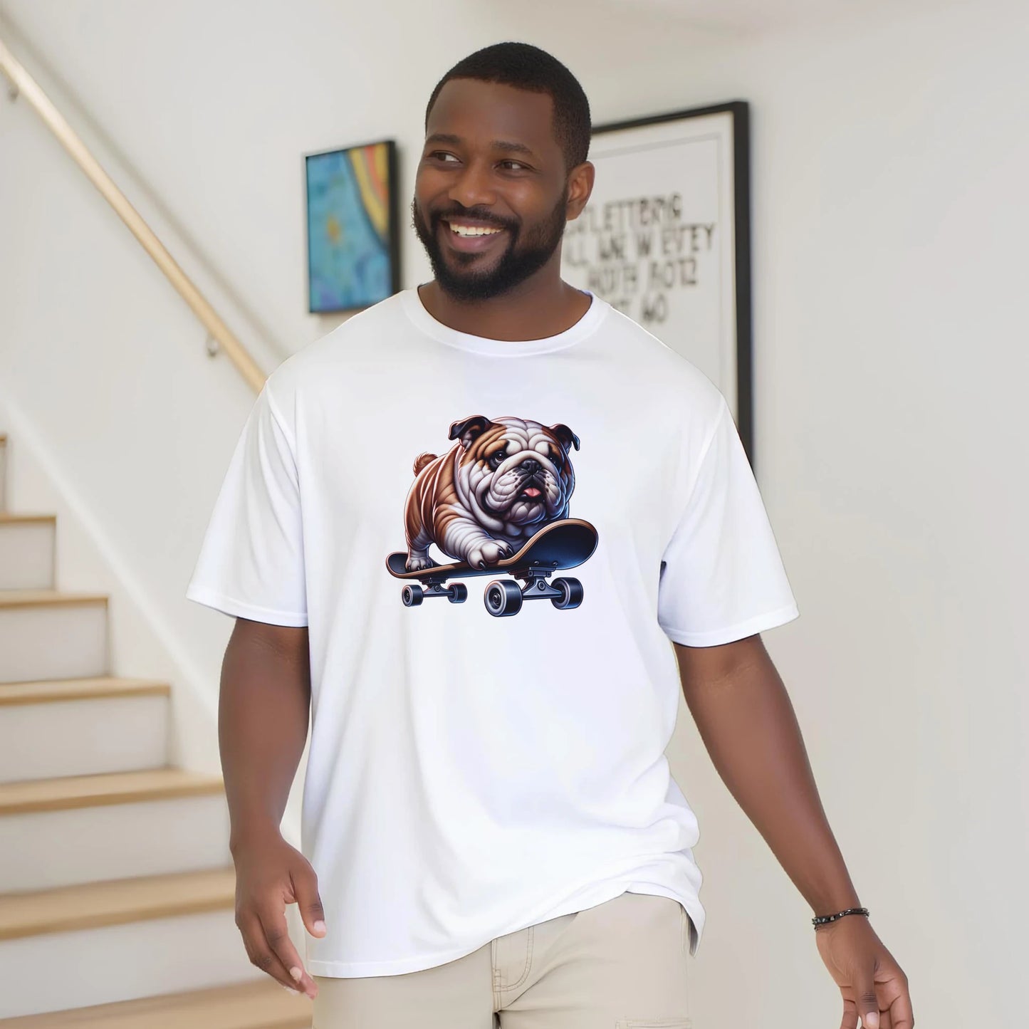 Man wearing white cotton-blend graphic tee featuring a skateboarding bulldog on a skateboard.