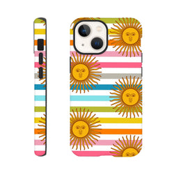 Retro sun stripe iPhone case featuring celestial sun motifs with faces on colorful horizontal stripes, offering tough daily protection.