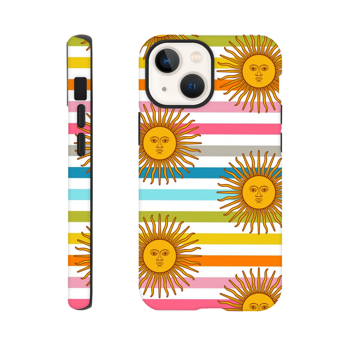 Retro sun stripe iPhone case featuring celestial sun motifs with faces on colorful horizontal stripes, offering tough daily protection.