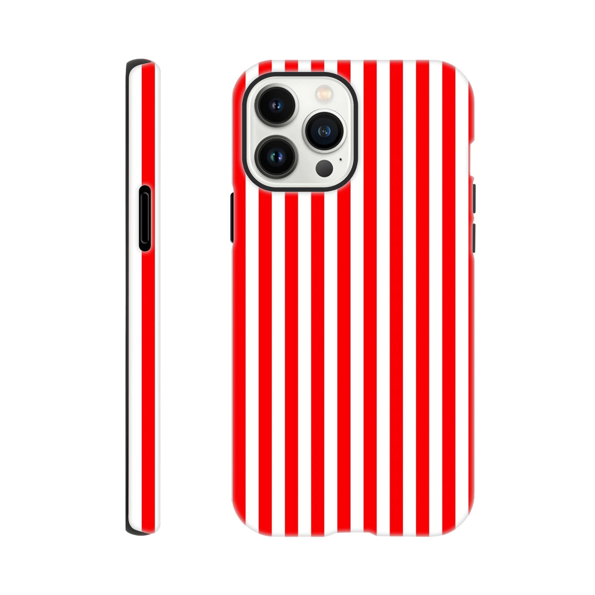 Retro red and white vertical stripe tough iPhone case with rugged wraparound design for models 13-16.