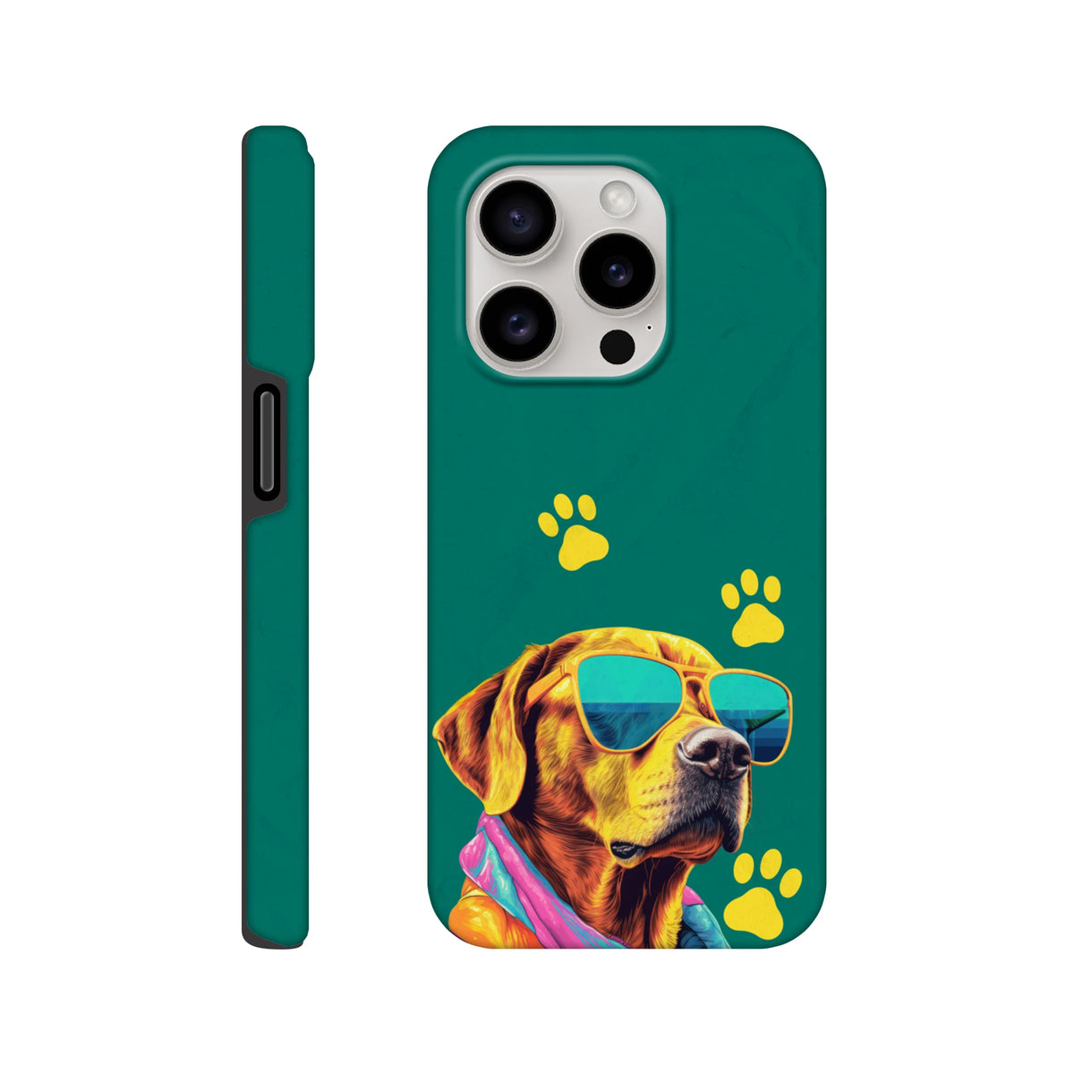Teal tough iPhone case featuring a cool dog wearing sunglasses and a scarf, accented with yellow paw prints.