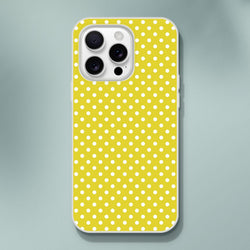 Retro yellow and white polka dot iPhone case with slim TPU protection for iPhone 13 through 16 models.