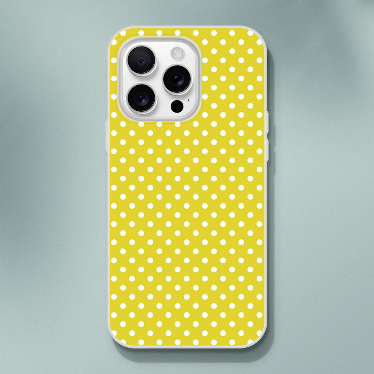Retro yellow and white polka dot iPhone case with slim TPU protection for iPhone 13 through 16 models.