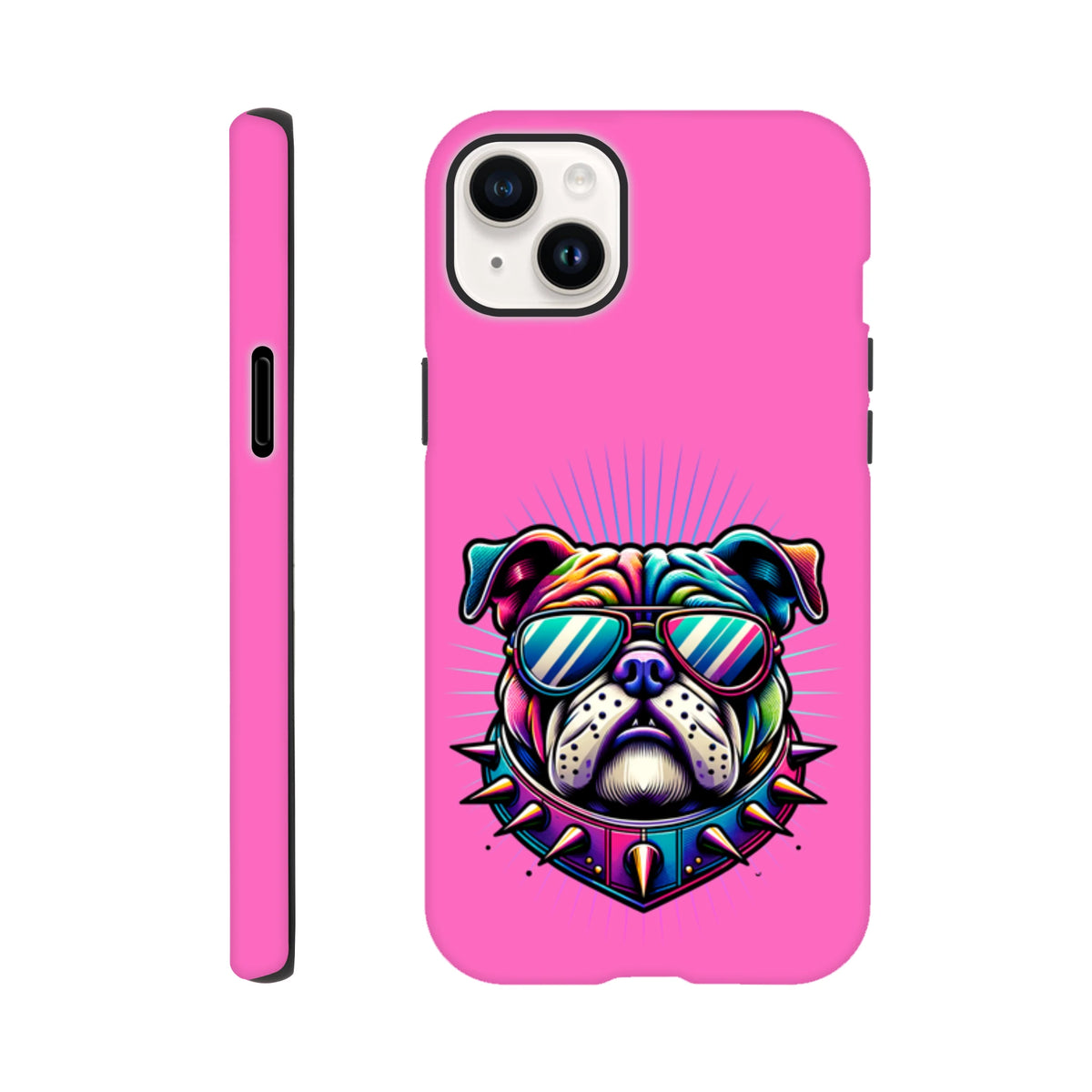 Pink tough iPhone case featuring a colorful retro bulldog wearing sunglasses and a spiked collar.