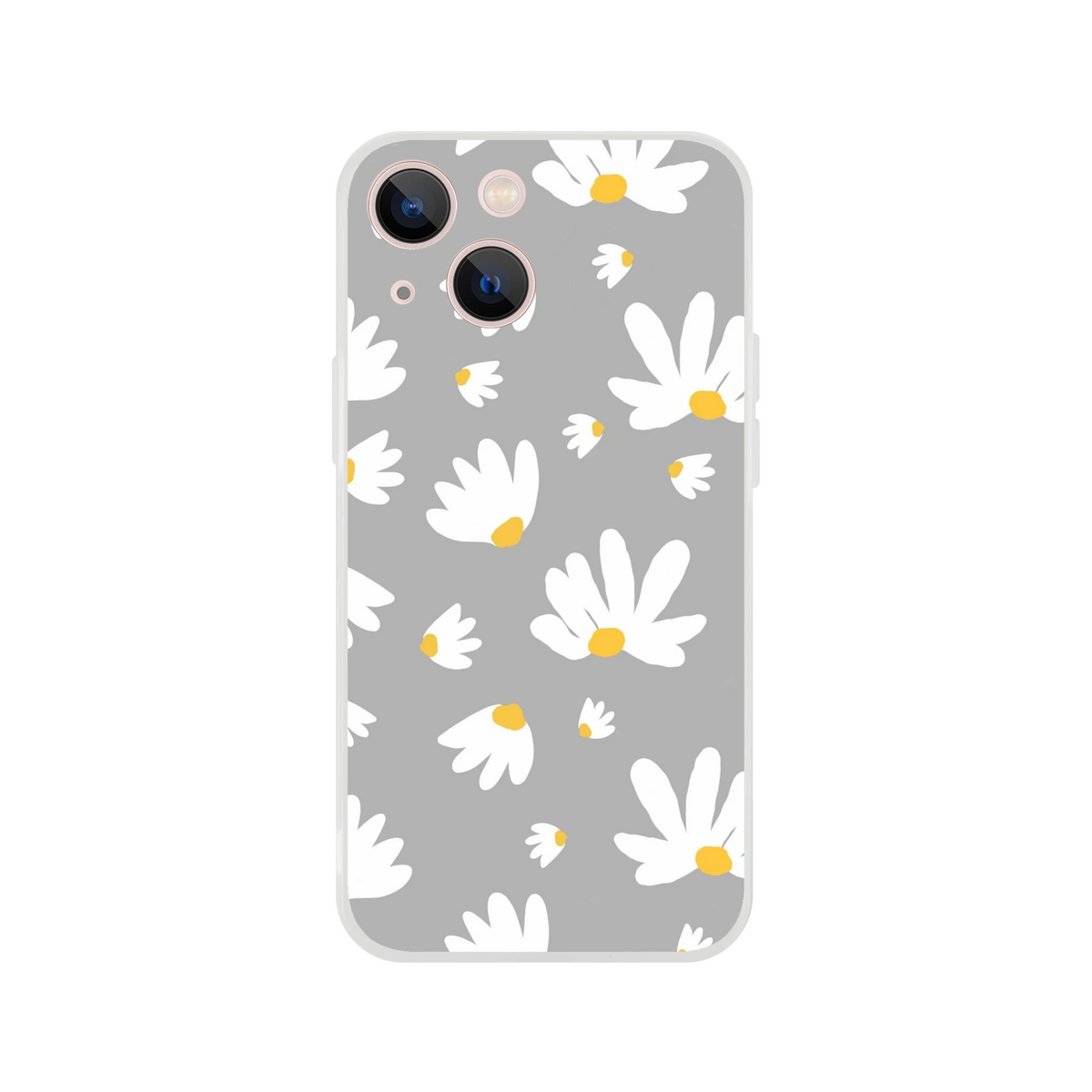 Ditsy Daisy iPhone Case for 13-16, slim, matte floral cover with white daisies on grey background.