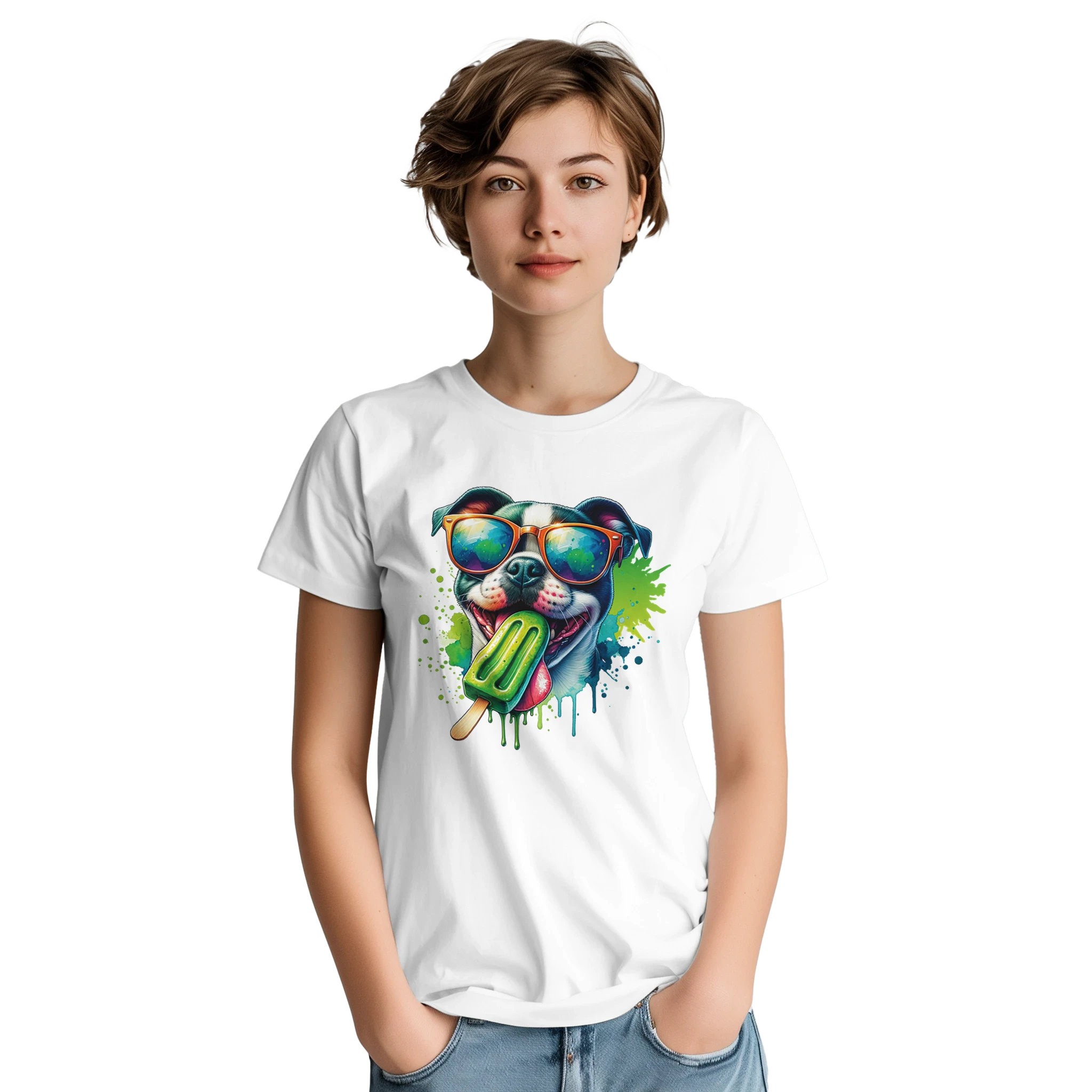 Woman wearing a white Chill Dog T-Shirt featuring a colorful dog graphic with sunglasses, licking a green popsicle.
