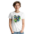 Woman wearing a white Chill Dog T-Shirt featuring a colorful dog graphic with sunglasses, licking a green popsicle.