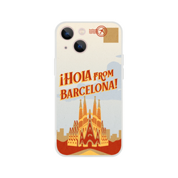 Vintage postcard iPhone case for 13-16 with Spain holiday motif, Barcelona landmarks, retro travel vibe.