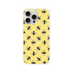 Yellow iPhone case with a honey bee pattern for 13-16, featuring playful bees on a bright background