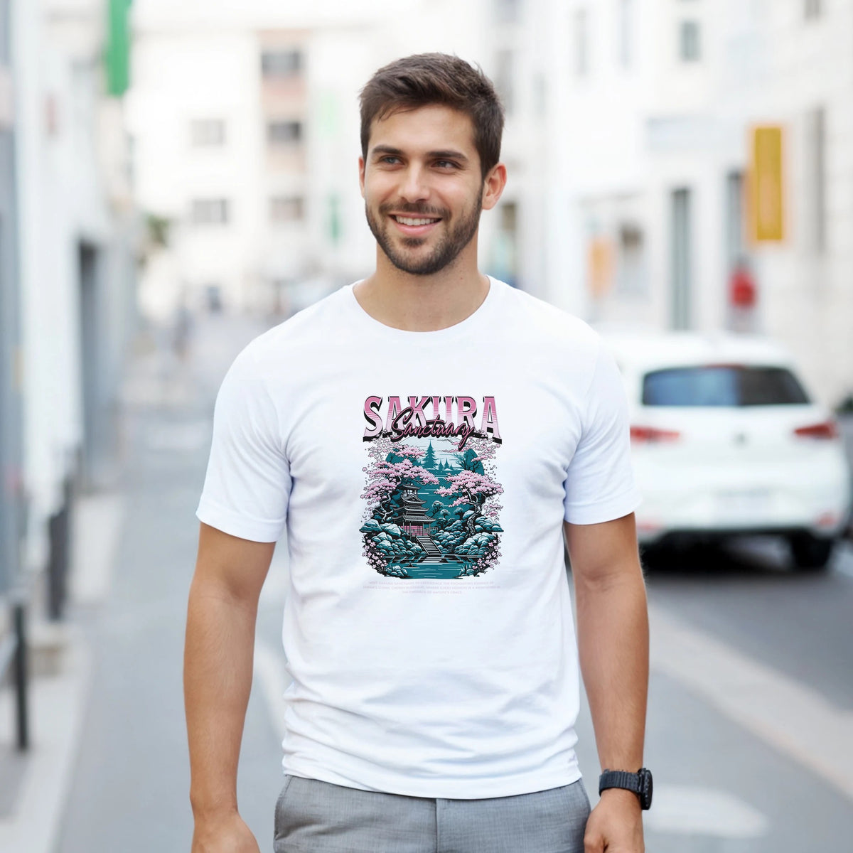 Man in white Japanese Sakura graphic T-shirt with cherry blossom landscape.