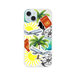 Transparent iPhone case featuring a collage of travel stickers including palm trees, airplanes, passports, and compasses.