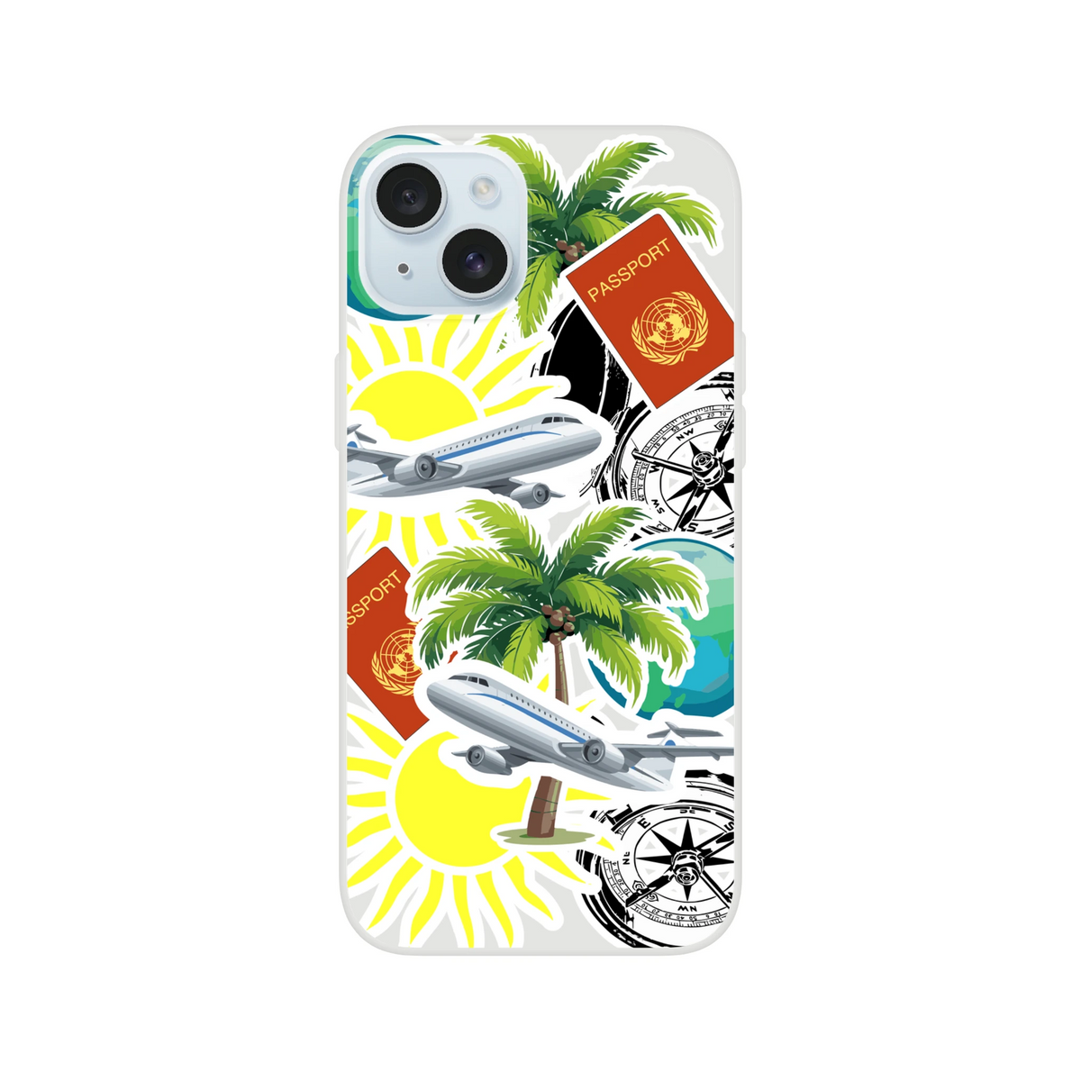 Transparent iPhone case featuring a collage of travel stickers including palm trees, airplanes, passports, and compasses.