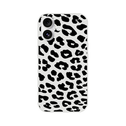 Retro Snow Leopard iPhone Case (13-16) with gray background and black animal-print spots.
