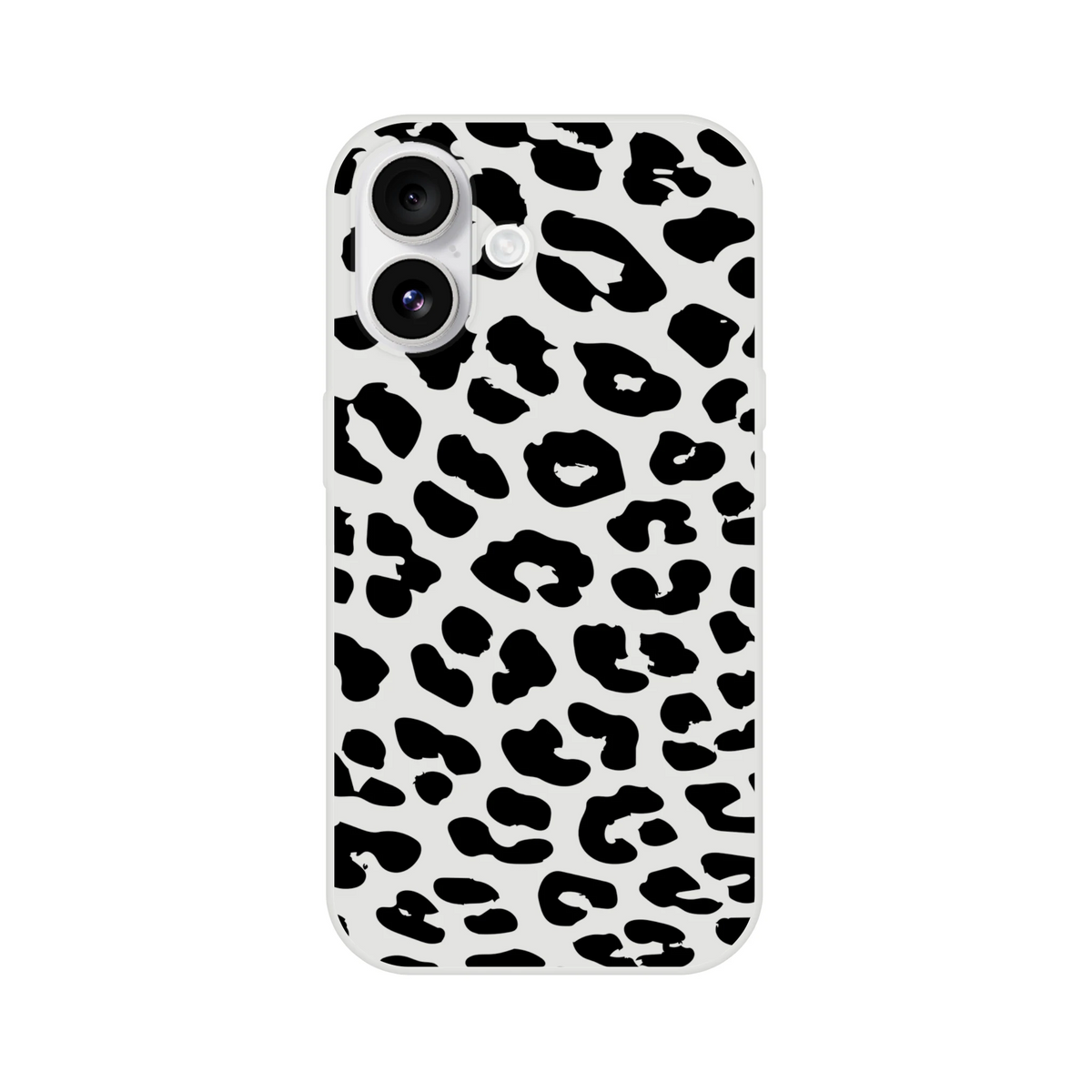 Retro Snow Leopard iPhone Case (13-16) with gray background and black animal-print spots.
