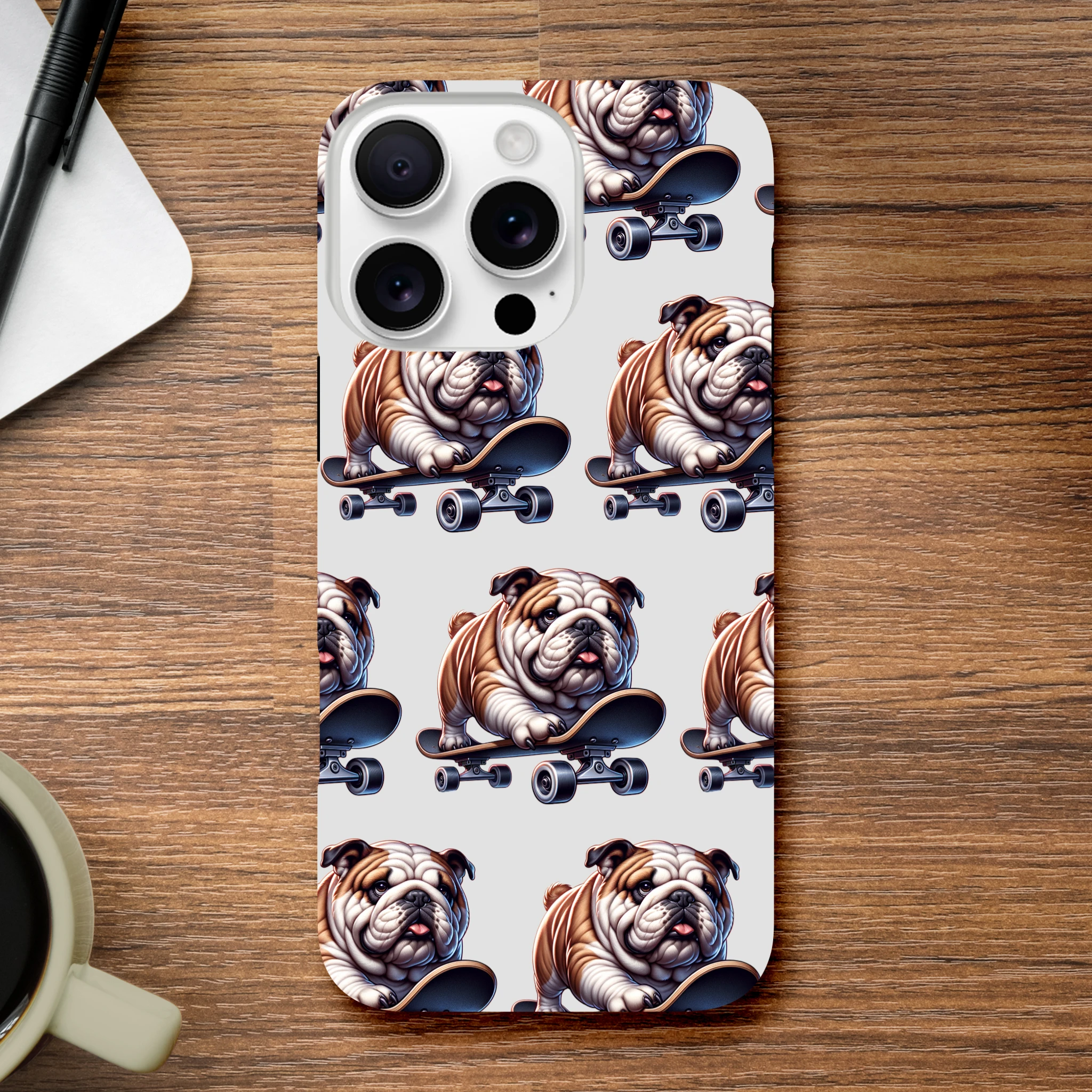 British Bull Dog skateboard print dual-layer protective case for iPhone 16/15/14/13 with glossy wraparound design.